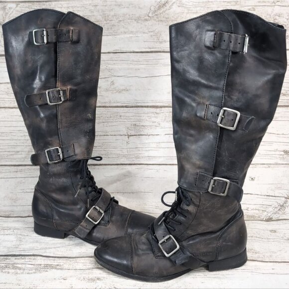 ALLSAINTS Spitalfields Brown Leather Biker Knee Preloved Boots 38